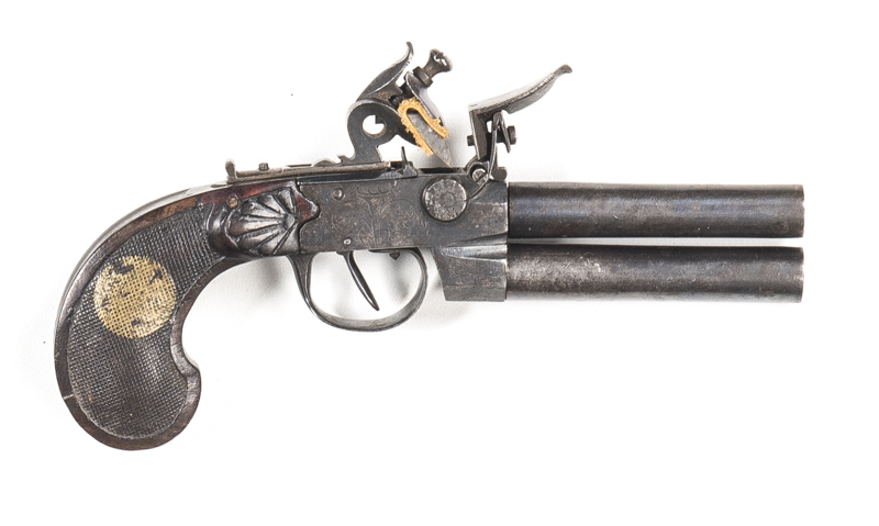 FLEMISH TAP ACTION D/B FLINTLOCK GREATCOAT PISTOL: 41 Cal; 3¼" turn off barrels, f. bores; engraved box lock with turn over pan & sliding bolt to hammer & pan; fine chequering to grips, gold circlet painted to one side; Liege proofs; f to g metal & wood;