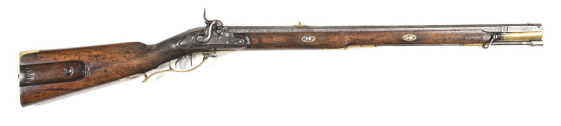 EUROPEAN JAEGAR PERC RIFLE: 60" Cal; 25¾" oct barrel, chambered breech, fitted with sword bayonet bar; f. 7 groove bore; brass front & rear sights; plain rounded lock, period convert from flint; adj set triggers; f.cond full stock with wood patch box lid,