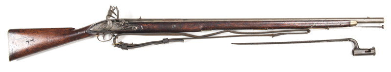 BROWN BESS FLINTLOCK MUSKET: .75" Cal; 39" barrel with V rear sight, struck with commercial London proofs, rounded tang; p. bore; rounded lock with swan neck cock, EICO bale mark below 179 & MEMORY, action a/f; barrel in the white with small area of brown