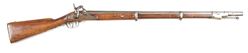 FLEMISH FLINT CONVERSION TO PERCUSSION MUSKET: 70 Cal; 32" barrel; p. bore; rear sight removed & dovetail filled; new breech fitted with nipple bolster; plain lock plate with iron military furniture; slight wear to profiles & barrel markings; grey finish