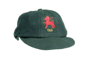 TASMANIA CRICKET CAP, green wool with embridered Tasmanian logo (Lion over "TAS"), player unknown. G/VG condition.