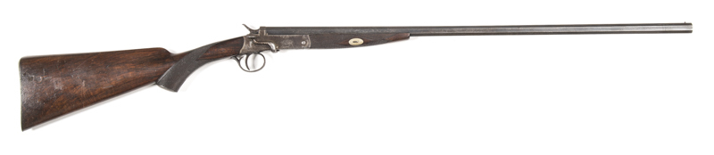 ENGLISH S/B SIDE LEVER S/GUN: 410 Cal; 2½" chamber; 27½" octagonal N.P. barrel; g. bore; brass bead front sight; plain borderline engraved frame with foliate centre panels; g. profiles & clear engraving; thinning blue finish to barrel, light brown finish