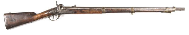 FRENCH MODEL 1840 PERCUSSION RIFLED MUSKET: 69 Cal; 33" barrel; g. bore; std sights; brass nose cap, bands, t/guard & side plate; lock plate marked MANUFRE IMPLE DE CHARLEVILLE; wear to profiles & faint lock markings; grey finish to barrel, lock & hammer