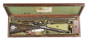 CASED J.PURDEY PERC CONCENTRIC GROOVE TARGET RIFLE: 42 Cal; 30" oct damascus barrel, top flat clearly marked J.PURDEY 314½ OXFORD STREET LONDON; dovetailed slim blade front sight, fine rear ladder sight to 900 yds & 4 leafs; hook breech with platinum band