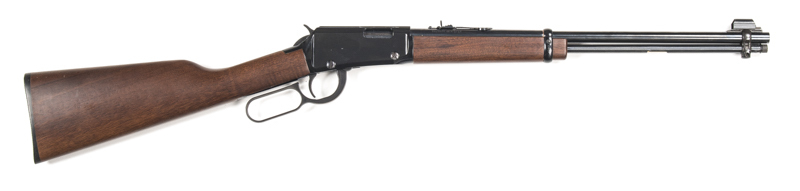 HENRY REPEATING ARMS CO L/A SPORTING RIFLE: 22LR; 15 shot mag; 18½” round barrel; exc bore; hooded front sight & Winchester style buckhorn rear sight; sharp profiles & markings; retaining 90% orig blacked finish with most losses just forward of the rear s