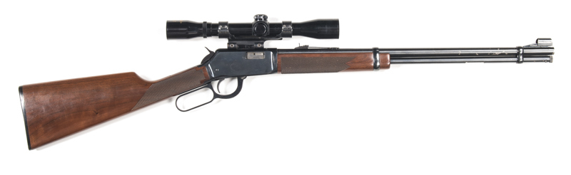 WINCHESTER 9422 XTR L/A SPORTING RIFLE: 22 Mag; 11 shot tube mag; 20" barrel; g. bore; std sights plus A Mark 4x32 scope with field mounts; rifle has a vg blacked finish to all metal with several marks to rhs of barrel, 4" from the muzzle; exc stock with