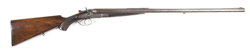 SCHOLEFIELD D/B HAMMER CAPE GUN: 12G/450-577; 2½" chambers; full choke; 30" damascus barrels; f. bores; tight on the face; wide machine cut rib; dovetail front sight, 4 folding rear sight grad 100-400 yds & ladder sight grad 500-1000 yds; barrels inscribe