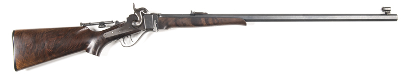SHILOH OLD RELIABLE F/BLOCK RIFLE: 54 Cal; 30" heavy oct barrel; vg bore; globe front sight fitted, std ladder rear sight with Vernier long range sight to the tang; fitted with dbl set triggers; OLD RELIABLE to top barrel flat; SHILOH RIFLE MFG CO FRAMING