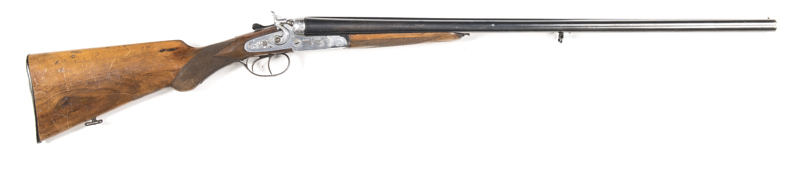 PIETA PELLICARDI SxS REBOUNDING HAMMER D/B FIELD GUN: 16G; 28" barrels; g. bores; tight on the face; game scene engraved stainless steel action; g. profiles & clear engraving; blacked barrels, thinning at the breech & muzzle; polished finish to action; g.