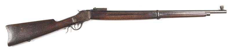 WINCHESTER 2ND MODEL 1885 HI-WALL WINDER MUSKET: 22 LR; s/shot; 28" barrel; f to g bore; globe front sight & military ladder type rear sight; 2 line Hartford address & Cal marking to barrel; Winchester trade mark to tang with 2 holes drilled & tapped for