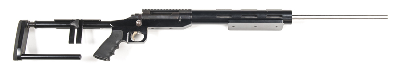 CUSTOM BUILT OMARK MOD.44 B/A TARGET RIFLE: 7.62 Cal; s/shot; 26" stainless steel barrel; vg bore; no sights fitted; ventilated barrel jacket; vg blacked finish to receiver, barrel jacket & butt stock; adjustable skeleton butt stock with pistol grip; gwo