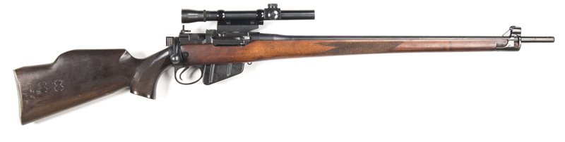 MODIFIED LONGBRANCH NO.4 B/A RIFLE: 303 Cal; 10 shot mag; 25.2" barrel; vg bore; altered nose cap & fitted with a side mounted Lyman Alaskan scope with QD Griffin & Howe Inc New York scope mounts; vg profiles; clear marking; matt black military finish to