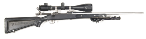 RUGER M.77 STAINLESS STEEL B/A MKII SPORTING RIFLE: 22-250 Cal; 4 shot box mag; 22” barrel; exc bore; no sights; fitted with a Tasco 6-24x50 AOE scope & folding bi-pod; sharp profiles & clear markings polished finish to barrel, receiver & fittings; vg syn
