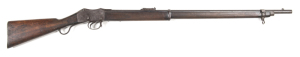 COLONIAL QLD GOVT ISSUE MARTINI-HENRY RIFLE: 450 Cal; 33.2" barrel; g. bore; action marked VR, ROYAL CYPHER B.S.A. & M Co & dated 1886 III; g. profiles; dark brown finish to barrel, bands, action & fittings; g. stock with minor bruising; complete with swi