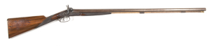 ENGLISH D/B PERCUSSION FOWLER: 12G; 34" damascus barrels with no visible maker to top rib; borderline & foliate engraved locks; steel t/guard & hammers; g. chequered straight stock & forend; gwo & cond. #5746 C.1850 N/L