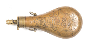 U.S. BATTY PEACE FLASK: graduated brass charger, top marked BATTY & dated 1850; 7½" copper body with a few dents; vg seams & fitted with 2 hanging rings incorporating the American Eagle, a circle of 26 stars & clasped hands, a panoply of Arms, colours & s