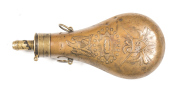 U.S. BATTY PEACE FLASK: graduated brass charger, top marked BATTY & dated 1850; 7½" copper body with a few dents; vg seams & fitted with 2 hanging rings incorporating the American Eagle, a circle of 26 stars & clasped hands, a panoply of Arms, colours & s