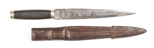 PRESENTATION SPANISH DOUBLE EDGED DAGGER: g. 8½" blade relief engraved with foliage; ricasso dated 1865; obverse side TOLEDO; vg buffalo horn grip; German silver, English mounts with pommel inscribed HON BLE T.J. WYNNE FROM C.F.B.; complete with vg hard l