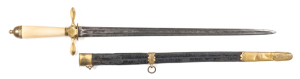 BRITISH NAVAL FIGHTING DIRK: 15¾" g. straight, double edged blade with patchy dark stains & single fullers the full length of the blade; no visible maker or markings; gilt brass quillions, ferrule & pommel; vg plain ivory grips; complete with g. original 