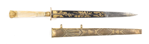 BRITISH, GEORGIAN NAVAL OFFICER'S DIRK: straight 7½" diamond section, blue & gilt blade, retaining 85%, etched with martial trophies, flowers & foliage; gilt copper mounts; pommel embossed with sea shells; rectangular guard embossed with flowers; tapered 