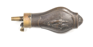 FRENCH HANGING GAME SCENE PISTOL FLASK: brass fixed charger; plain brass top with broken spring; vg body & seams; hanging game scene to each side; 4½" o/a; vg cond.