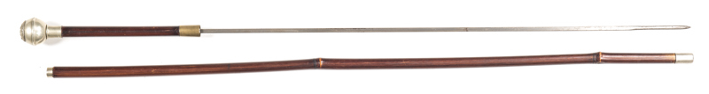 MALAYSIA POLICE OFFICER'S SWAGGER SWORD STICK: vg 21¼" square section blade; brass ferrule with German silver pommel & crest with motto POLIS-DI-RAJA MALASIA; bamboo outer body & handle with German silver mounts; vg cond. L/R