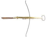 EUROPEAN TARGET CROSSBOW: heavy steel bow of 81cm span; walnut rifle style stock with brass mounts, including scroll t/guard & peep hole rear sight & single trigger; no cord strings; g. stock with burn marks to lhs of butt; looks good; late 19th C.