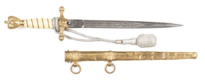 GERMAN WWII THIRD REICH MOD.1938 NAVAL DAGGER: g. 10" straight, dbl edged blade with twin fullers & etched with fouled anchor, floral design & Naval motifs; brass quillions with fouled anchors & Eagle swastika pommel; white celluloid grip with a few v. fi