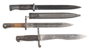 LOT 3 KNIFE BAYONETS: TURKISH ASFA; g. 9¾" blade with light staining; g. wooden grips & hilt; no scabbard. SPANISH 1941 PATTERN BOLO; g. 10" blade; g. chequered wooden grips & hilt; no scabbard. GERMAN WWII K98 MAUSER: exc 9¾" blade; exc grips & hilt; wit