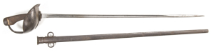 BRITISH 1908 PATTERN CAVALRY TROOPER'S SWORD: g. 35" straight blade by Enfield with single fullers, light staining & areas of v. fine pitting; inspection stamps to ricasso & issue date of 1913; grey finish to bowl guard; reddish gryphonite grips; vg fish 