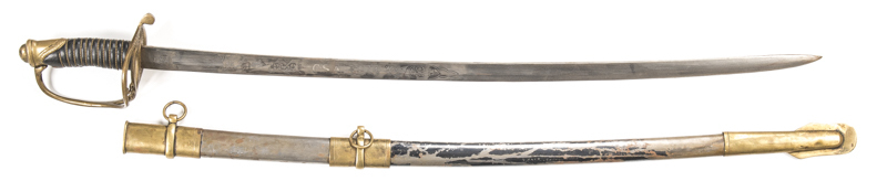 MODERN COPY OF A U.S. CONFEDERATE OFFICER'S SWORD: g. cond 33" blade etched with C.S.A., flags & banners; brass hilt & pommel; leather grip bound with brass wire; complete with brass mounted steel scabbard; vg cond. L/R