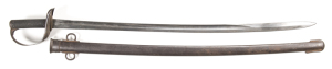 N.S.W. ISSUE 1885 PATTERN CAVALRY TROOPER'S SWORD: g. 34½" slightly curved blade with single fullers, Inspection stamps to the ricasso & 1899 issue date; sheet steel guard with turned down edges; vg knurled, pressed leather grips; complete with matching s