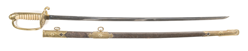 JAPANESE 1896 PATT ARMY PARADE SWORD: g. 26" narrow blade with groove to back edge; brass Habaki with cat scratches; vg hilt of std form with white same grip bound with woven brass wire; complete with correct brass mounted scabbard with lacquered black sa