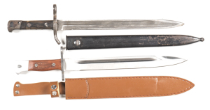 LOT X 2 KNIFE BAYONETS: RUSSIAN AK-47: mint 11¼" blade marked AK-47 C.C.C.P.; “as new” grips & hilt with leather scabbard. FINLAND MOSIN NAGANT 1928: g. 11½" blade marked FISKARS; g. wooden grips & hilt; with scabbard. N/L