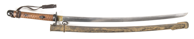 JAPANESE WWII LATE WAR, ALTERED PATTERN ARMY N.C.O. SHIN-GUNTO SWORD: g. 27½" blade with small areas of light staining; std brass habaki; blackened steel tsuba & pommel; plain wooden hilt with a criss-cross pattern & N.C.O. leather sword knot; complete wi