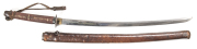 JAPANESE ERSATZ ARMY SWORD: g. 27½" clean blade with small chips to edge; std brass habaki; plain iron tsuba with Japanese characters to each side; g. hilt with red tape binding; plain pommel with Army N.C.O. leather sword knot; complete with leather cove