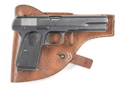 HUSQVARNA 1907 S/A SERVICE PISTOL: 9mm long; 7 shot mag; 127mm (5") barrel; g. bore; std sights, slide address & markings; grey military finish to all metal; g. profiles & clear markings; retaining 85% finish; vg black plastic grips with Swedish Royal cyp