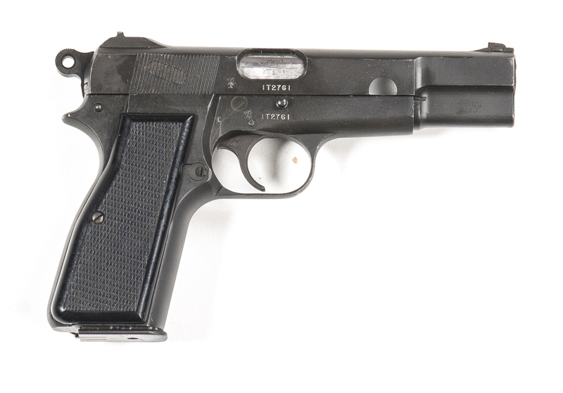 CANADIAN INGLIS MODEL 1935 S/A SERVICE PISTOL: 9mm; 13 shot mag; 118mm (4 5/8") barrel; f to g bore; std sights, slide address & markings; g. profiles & clear markings; matt black military finish to all metal; vg chequered black plastic grips with lanyard