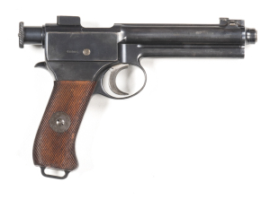 ROTH STEYR MOD.1907 S/A PISTOL: 8mm Roth; 10 shot mag; 140mm (5½") barrel; f to g bore; std sights with WAFFENFABRIK STEYR to barrel flat; sharp profiles & clear markings; retaining 98% original blue finish; exc grooved wooden grips; gwo & exc cond. #4849