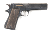 SPANISH STAR MODEL B S/A PISTOL: 9mm; 9 shot mag; 127mm (5") barrel; g. bore; std sights, slide address & markings; g. profiles, clear address & markings; retaining 80% blacked finish; vg diamond Colt type chequered wooden grips; gwo & cond. #271367 Pre '