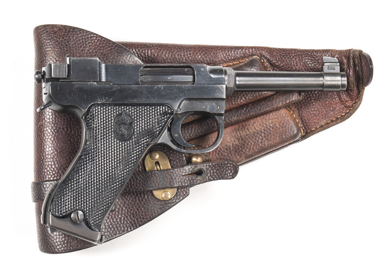 SWEDISH HUSQVARNA LAHTI M-40 S/A SERVICE PISTOL: 9mm, 8 shot mag; 121mm (4¾") barrel; vg bore; std sights; address to lhs of action; sharp profiles & clear markings; retaining 80% original blacked finish with most losses to grip frame; vg original Swedish