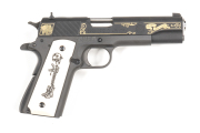 SPRINGFIELD ARMORY MOD 1911 S/A PISTOL, BATTLEFIELD CROSS LIMITED EDITION OF 500: 45 ACP; 8 shot mag; 127mm (5") barrel; matt black Parkerised finish with 24 carat gold borders, the American flag & MANY ARE GONE within banners; lhs has gold border, Americ