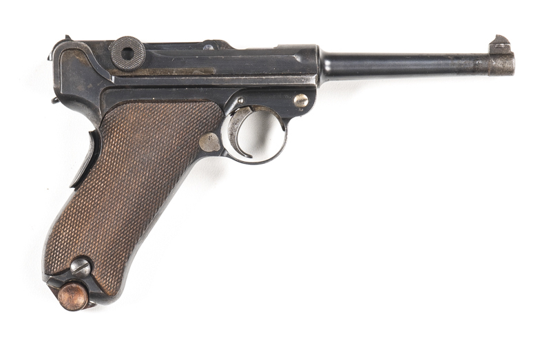 D.W.M. MOD.1906 COMMERCIAL LUGER S/A PISTOL: 7.65 Cal; 8 shot mag; 121mm (4¾") barrel; f to g bore; std sights; D.W.M. to toggle, grip safety fitted; sharp profiles; clear markings; 90% original blue finish remains with most losses to muzzle & grip frame;