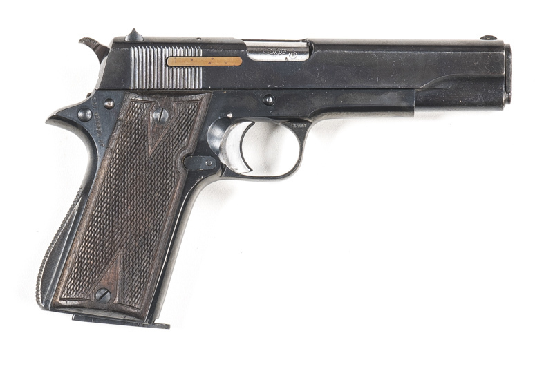 SPANISH STAR MOD B S/A SERVICE PISTOL: 9mm; 9 shot mag; 127mm (5") barrel; vg bore; std sights, slide address & markings; g. profiles & clear markings; retaining 90% original blacked finish; g. diamond Colt style chequered wooden grips; gwo & cond. #27054