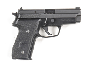 SIG SAUER MOD P 229 S/A PISTOL: 9x19; 12 shot mag; 92mm (3¾") barrel; vg bore; std sights, SIG-SAUER address & markings to slide; vg profiles & clear markings; vg blacked finish to slide & frame with a few small marks; vg stippled black plastic grips; com