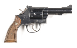 SMITH & WESSON MOD 19-3 COMBAT MAGNUM REVOLVER: 38 S&W Special; 6 shot fluted cylinder; 102mm (4") barrel; vg bore; std sights, barrel markings, address & trade mark to rhs of frame; vg profiles & clear markings; retaining 85% original black finish with m