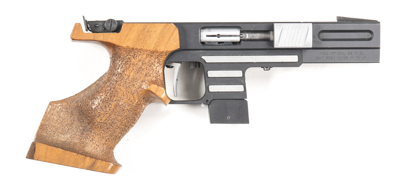 ITALIAN MOD HP 32 S/A TARGET PISTOL: 32 WCF; 6 shot; 121mm (4¾") barrel; g. bore; std sights, PARDINI address & markings to frame & slide; vg profiles & clear markings; black matt finish to all metal with a few minor marks; vg wood; orthopaedic rh grips;