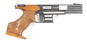 ITALIAN PARDINI MOD SP S/A TARGET PISTOL: 22 Cal; 5 shot; 121mm (4¾") barrel; vg bore; std sights, PARDINI address & markings to frame & slide; vg profiles & clear markings; black matt finish to all metal with a few v. minor marks; vg orthopaedic rh woode