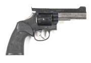 S&W 14-K 38 TARGET PISTOL BY MUSCRAT CUSTOM: 38 S&W Special; 6 shot fluted cylinder; 102mm (4") barrel; vg bore with sights by Aristocrat; vg S&W address to rhs of frame, trade mark to lhs of pistol; retaining 90% original blacked finish with faint drag m