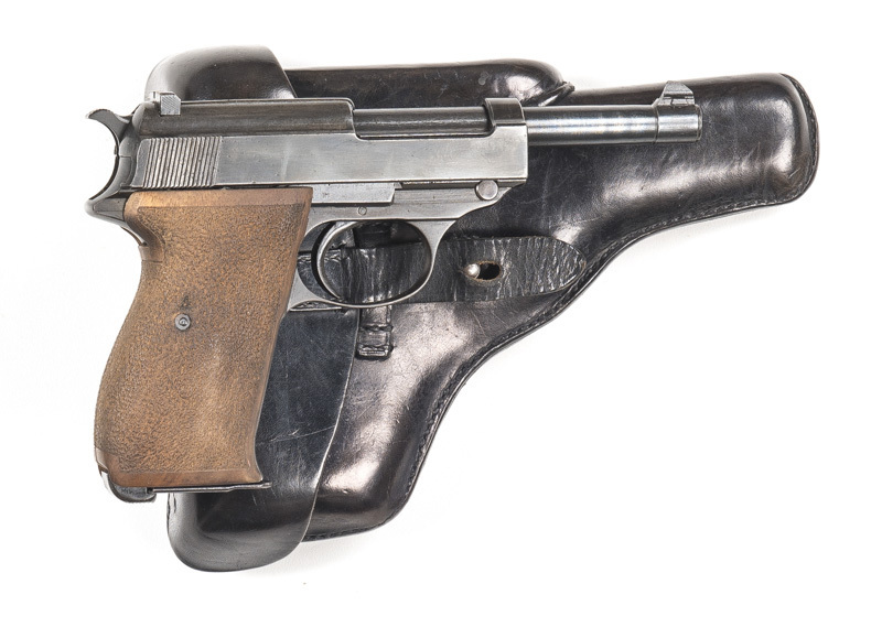 GERMAN WALTHER P38 S/A SERVICE PISTOL: 9mm; 8 shot mag; 127mm (5") barrel; g. bore; std sights & slide markings with several Third Reich inspection stamps; g. profiles & clear marking; thinning black finish to barrel, slide & frame; vg replacement wooden